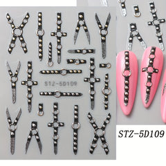 5D Gothic Skull Cross Nail Decals with Glitter Finish