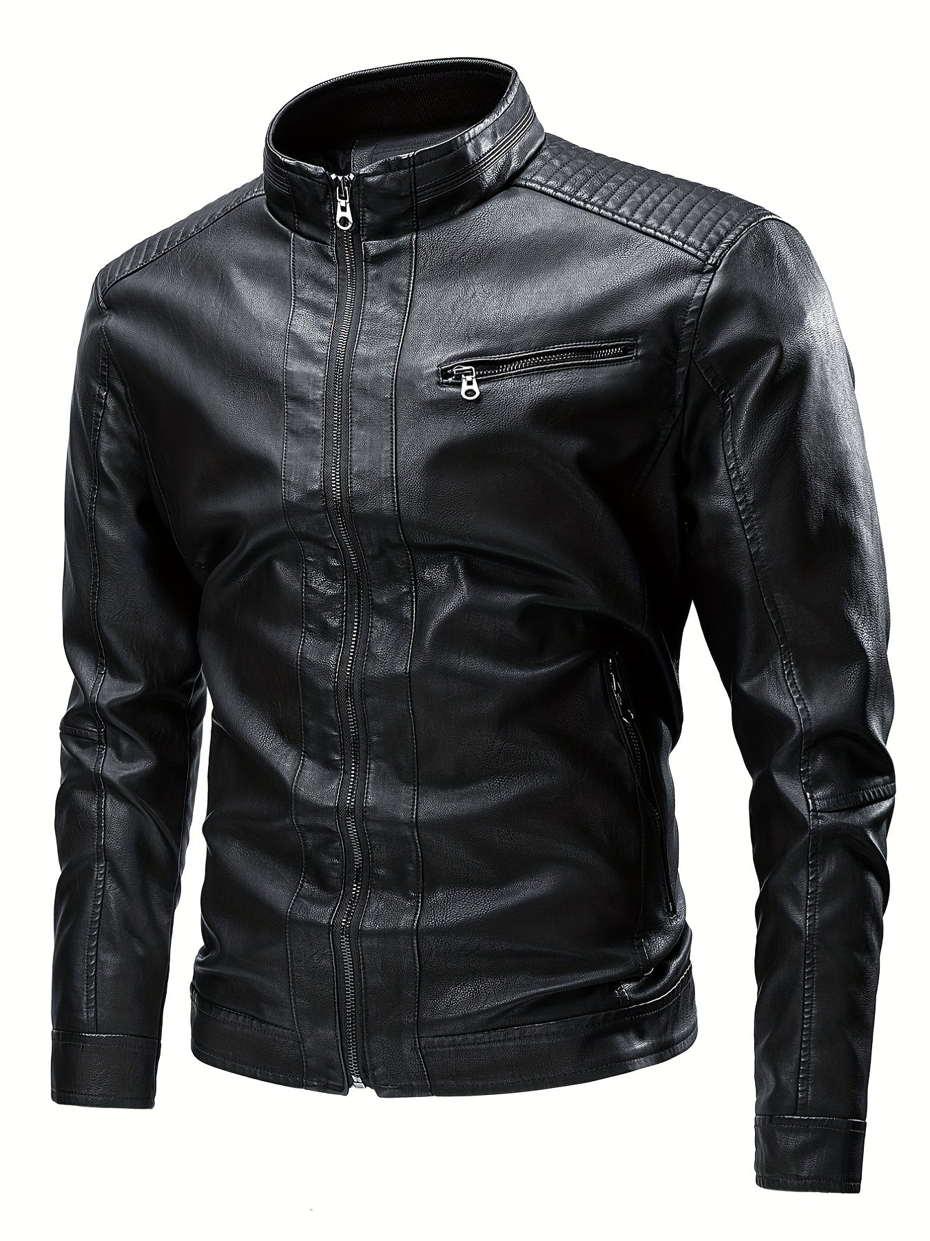 Men's Vintage PU Leather Jacket Stand Collar Zip Up Faux Leather Jacket