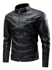 Men's Vintage PU Leather Jacket Stand Collar Zip Up Faux Leather Jacket