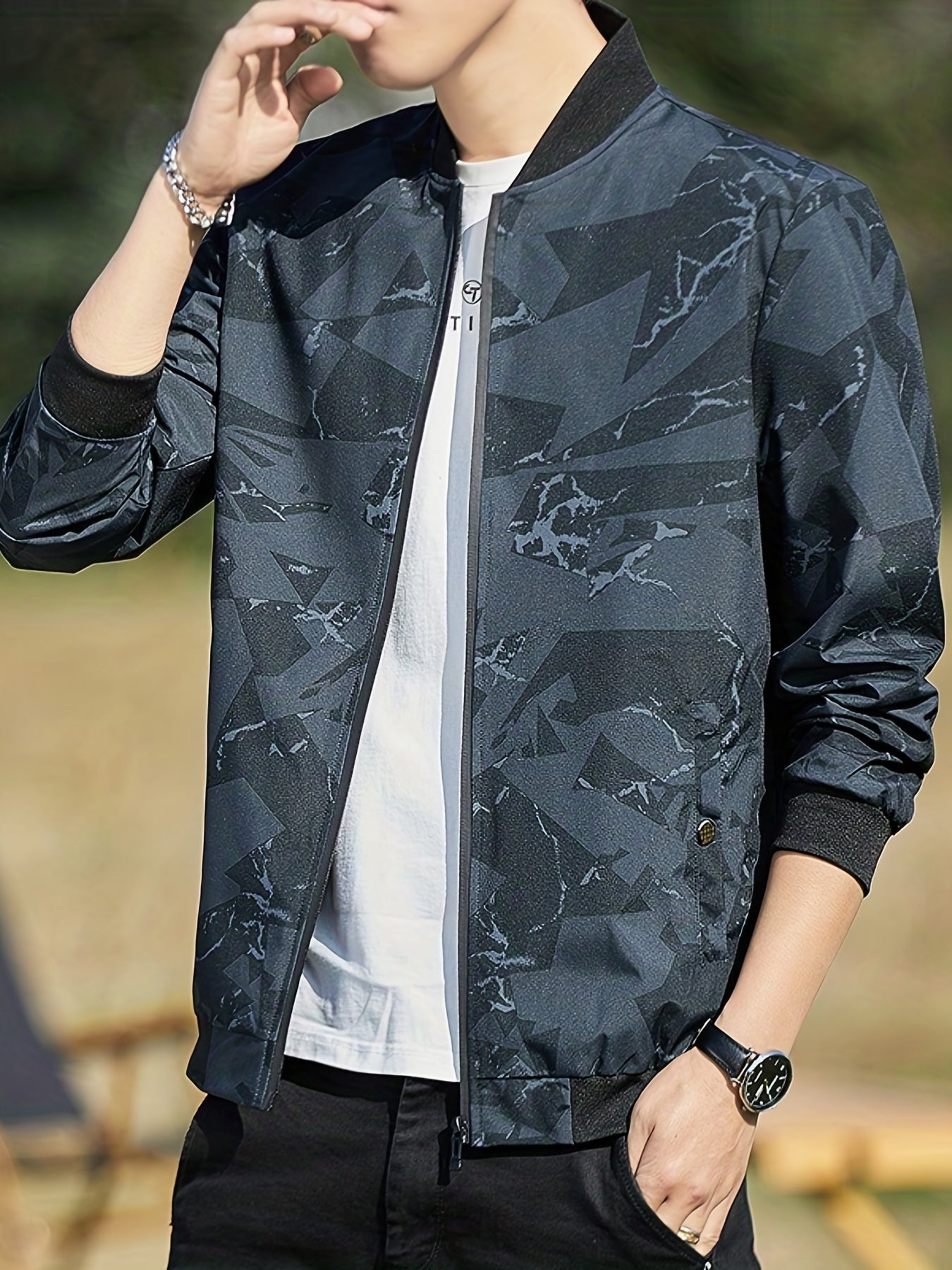 Geometric Print Varsity Jacket Men's Casual Baseball Coat
