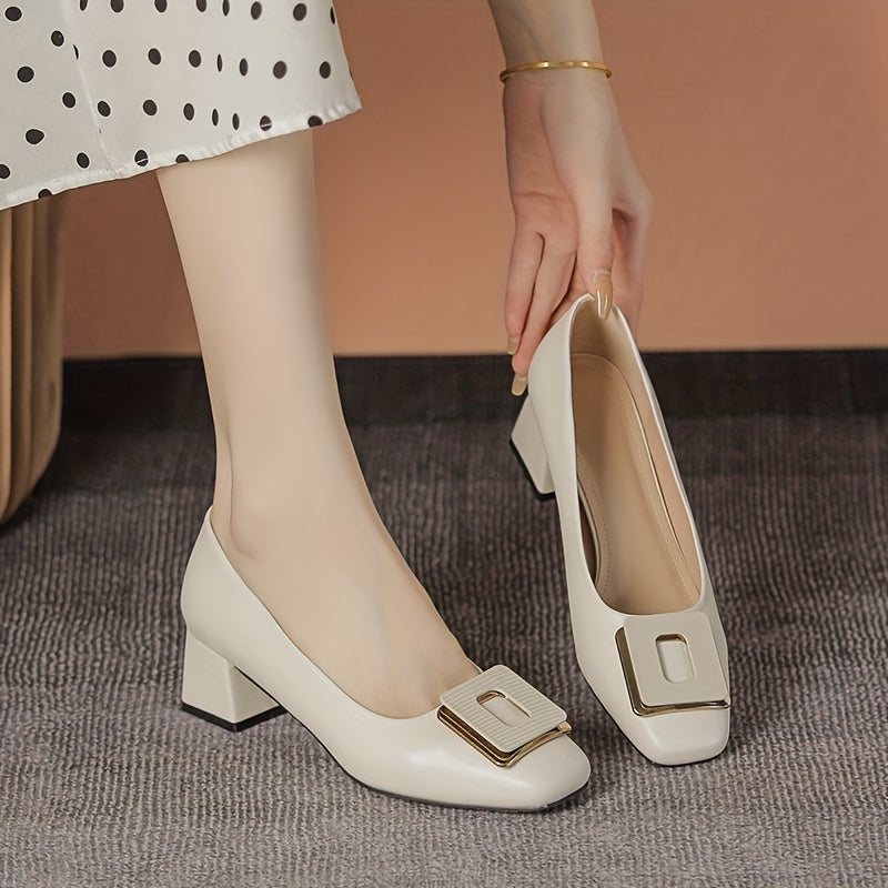 Women's Square Toe Mid Heels Slip On Work Shoes