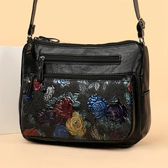 Vintage Flower Embossed Hobo Shoulder Bag Solid Crossbody Bag