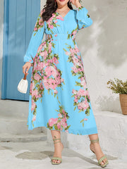 Abaya Dress Floral Print Lantern Sleeve V Neck Maxi Jalabiya Dress