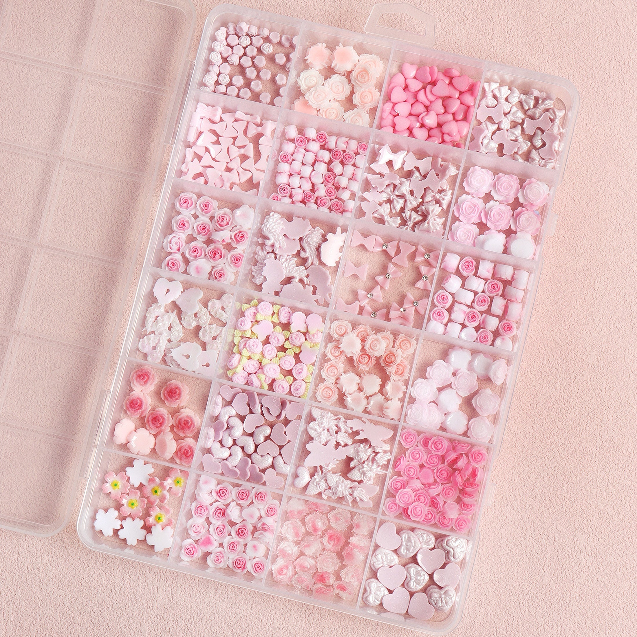 24 3D Resin Nail Charms Pink Styles Butterfly Camellia Rose Heart