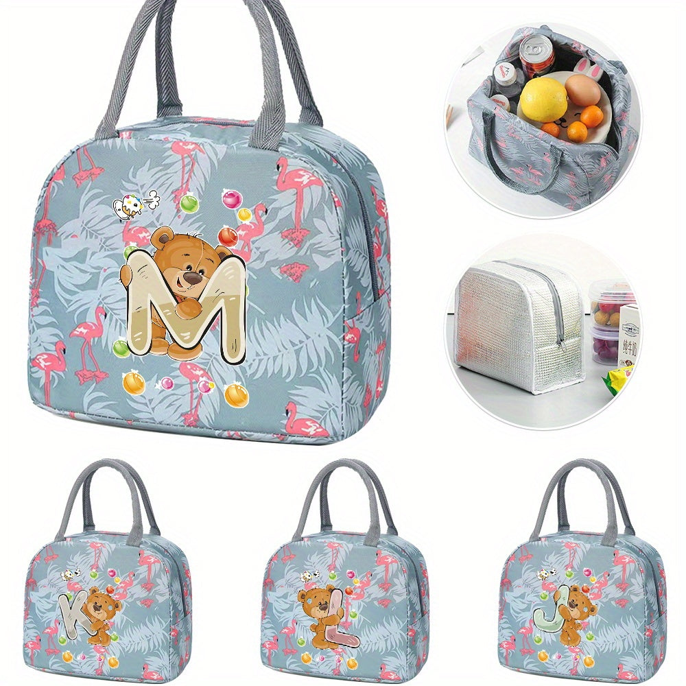 Insulated Lunch Bag with Bear & Tropical Letter A Thermal Cooler Tote