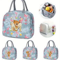 Insulated Lunch Bag with Bear & Tropical Letter A Thermal Cooler Tote