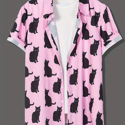 Cat Print Men's Casual Short Sleeve Shirt for Summer Vacation Resort