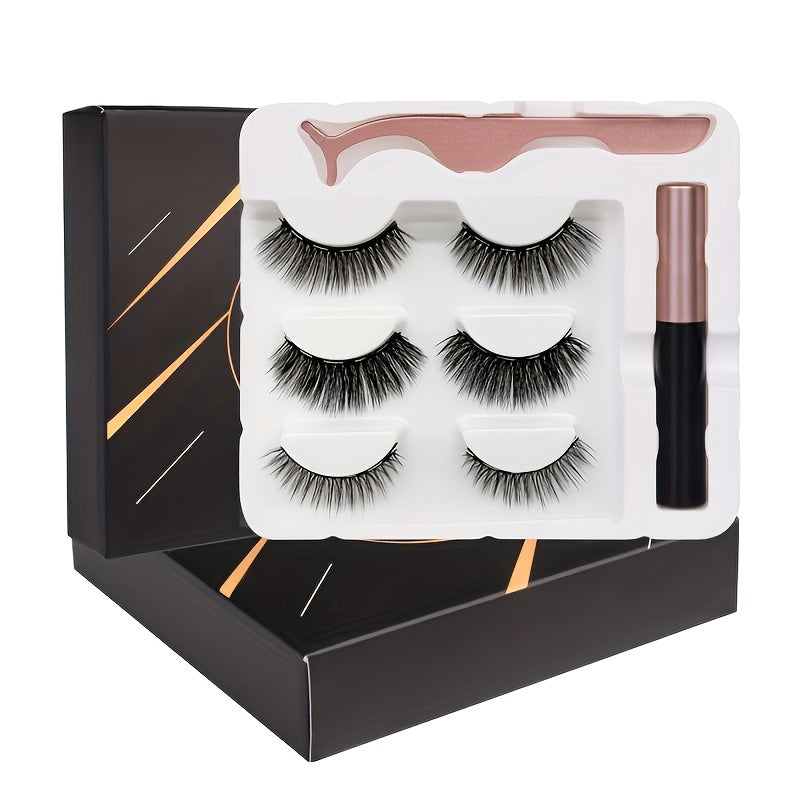 3 Pairs Magnetic Eyelashes With Eyeliner And Tweezers Reusable