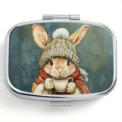 Winter Bunny 2 Compartment Pill Organizer Metal Case