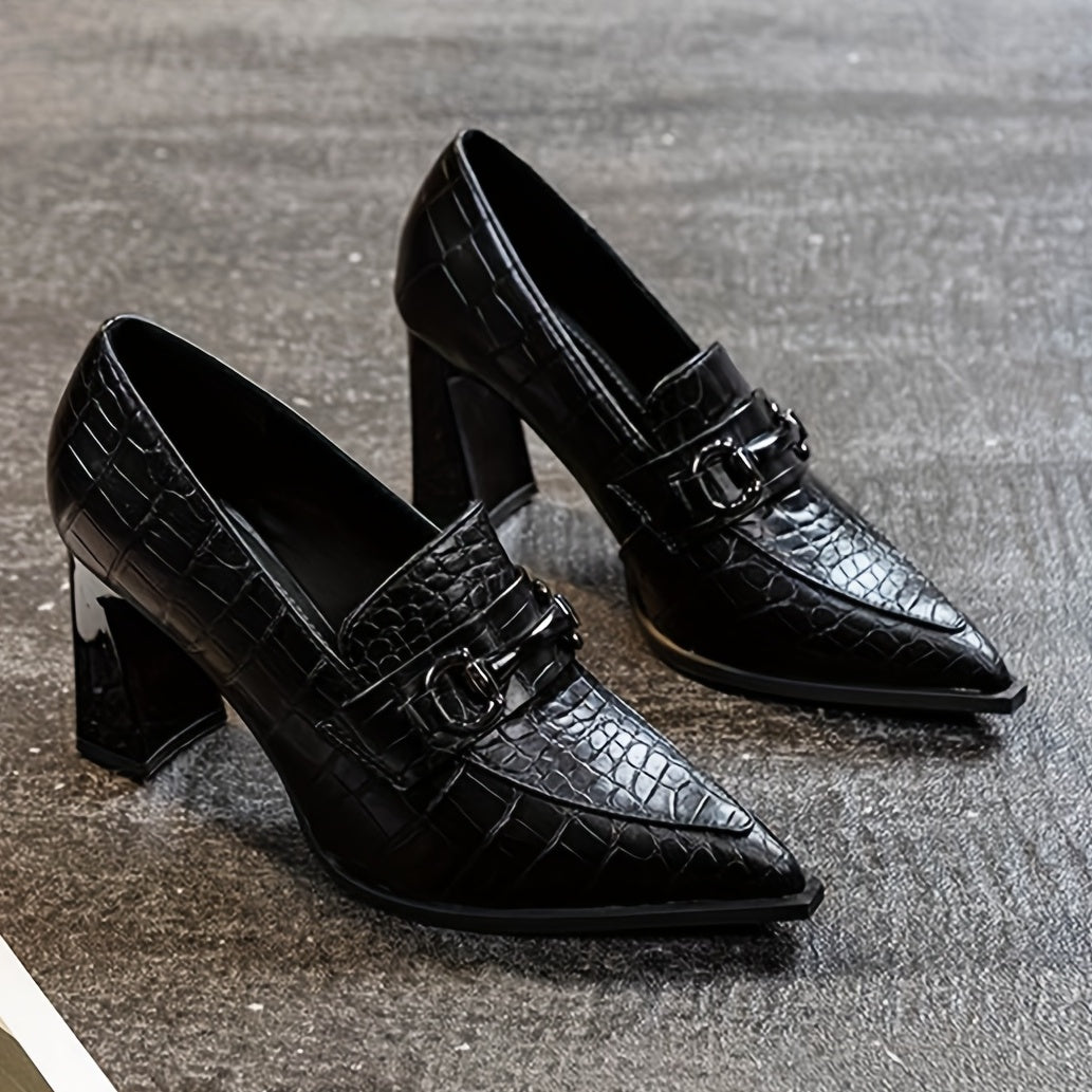 Women's Croc Print Court Pumps Buckle Decor Slip On Chunky Heels