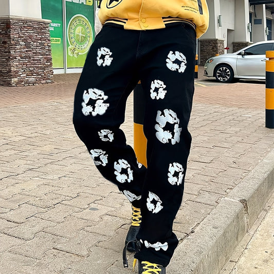 Men's Floral Pattern Loose Fit Jeans Street Style Denim Pants