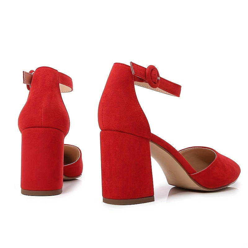 Women's Block Heeled Sandals Pointed Toe Ankle Strap Pumps Solid Heels