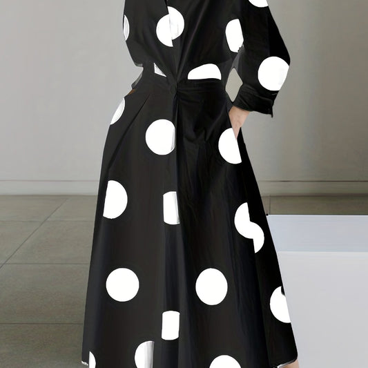 Women's Dot Print Long Sleeve Maxi Shirt Dress