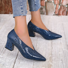 Women's Snakeskin Block Heels Point Toe Dress Pumps