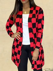 Checker Print Open Front Cardigan