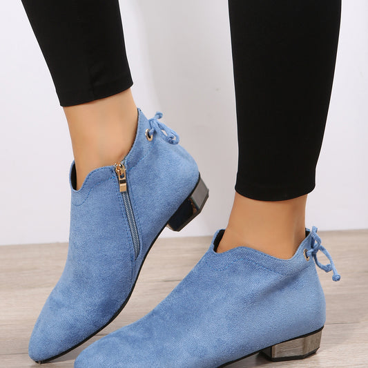 Women's Low Heel Ankle Boots Pointed Toe Side Zipper Block Heels