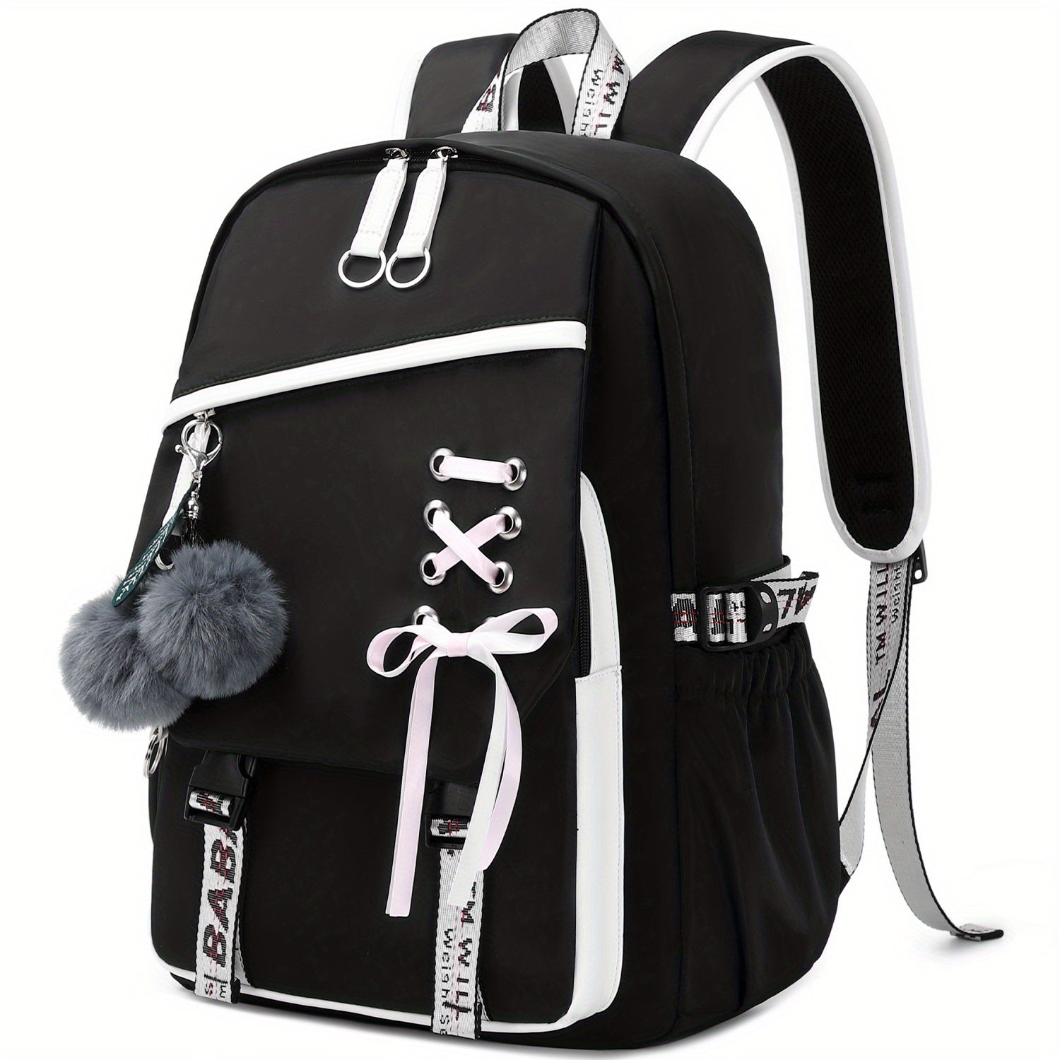 Girl School Backpack With Plush Ball Bag & Letter Pattern Strap
