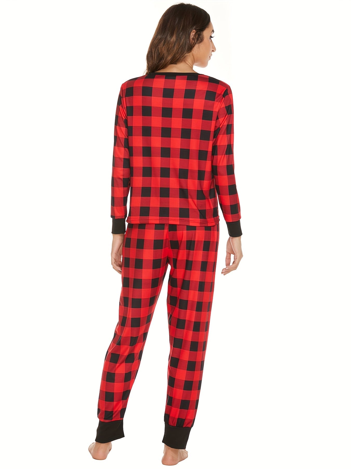Plaid Christmas Lounge Set Long Sleeve Top & Pants Women's Loungewear
