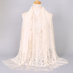 Floral Lace Scarf Shawl With Tassels Soft Mesh Fringe Wraps