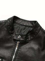 PU Biker Jacket Men's Casual Pockets Zip Up Stand Collar Faux Leather Jacket