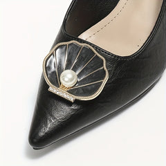 Women's Pointed Toe Stiletto Heels Faux Pearl Shell Decor Slip On High Heels