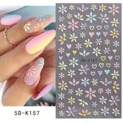 5D Embossed Flower & Heart Nail Stickers Colorful Spring Nail Art Decals
