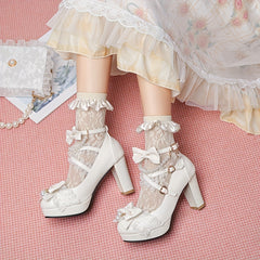 Women's Lace Lolita Pumps Heart Buckle High Heels