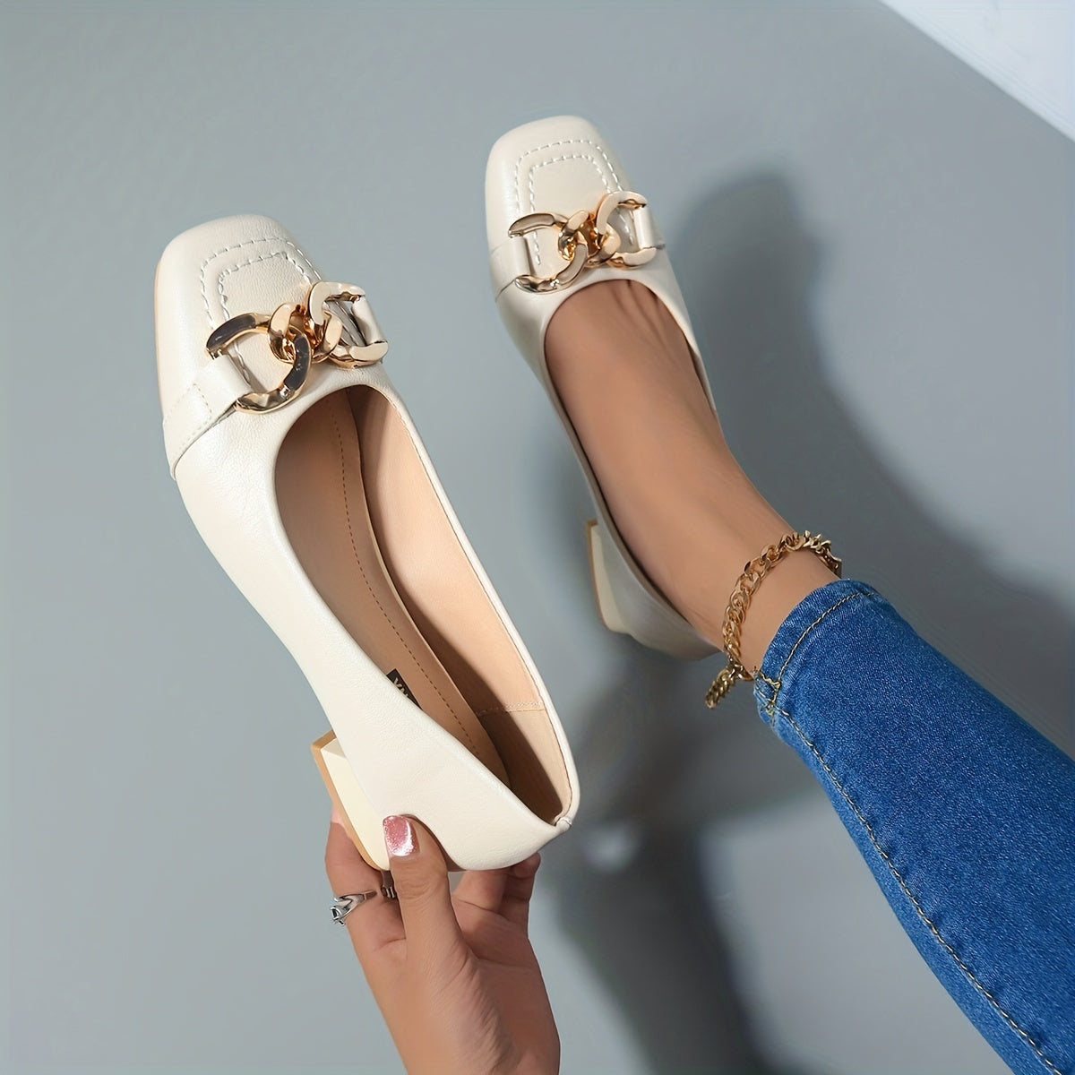 Women's Square Toe Low Heels Metallic Buckle Soft Sole Shoes