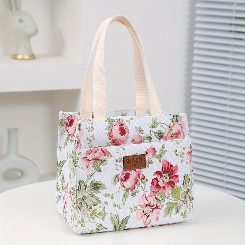 Large Capacity Floral Print Storage Bag with Insulation Zippered Pocket