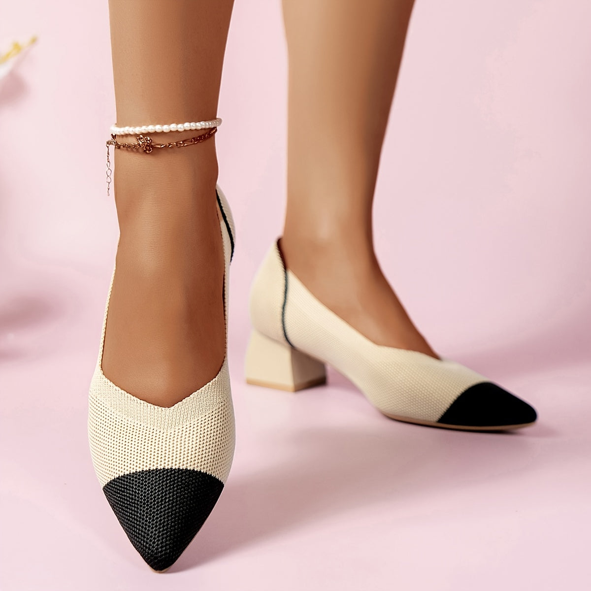 Women's Knit Chunky Heels Colorblock Slip On Heels