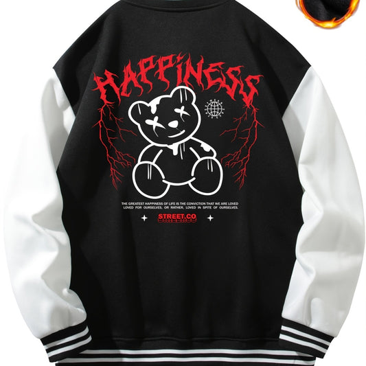 Letter Print Embroidery Varsity Jacket Men's Casual Block Button Up Jacket