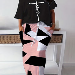 Cross Letter & Geo Print One Shoulder Top & Skirt Set