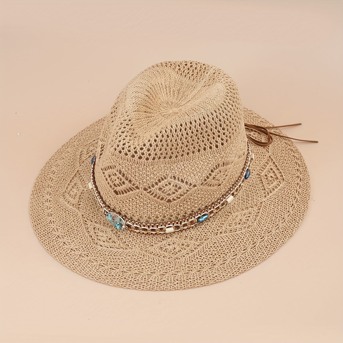 Boho Belt Decor Geometric Crochet Fedora Cap Breathable Summer Beach Hat
