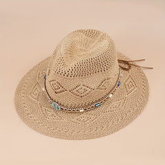 Boho Belt Decor Geometric Crochet Fedora Cap Breathable Summer Beach Hat