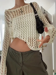 Crochet Beach Wear Knit Sweater Solid Crew Neck Long Sleeve Summer Sweater