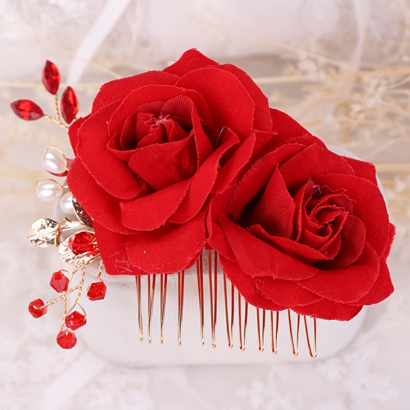 Red Rose Flower Hair Combs Bridal Headpiece Hair Accessories