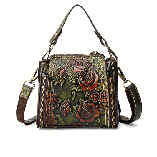 Vintage Floral Hand Painted Women's Shoulder Bag Cowhide Leather Urban Style