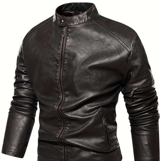 PU Biker Jacket Men's Casual Zip Up Stand Collar Faux Leather Jacket