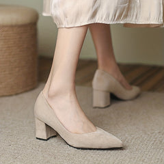 Women's Chunky Heeled Court Pumps Classic Solid Pointed Toe Mid Heels