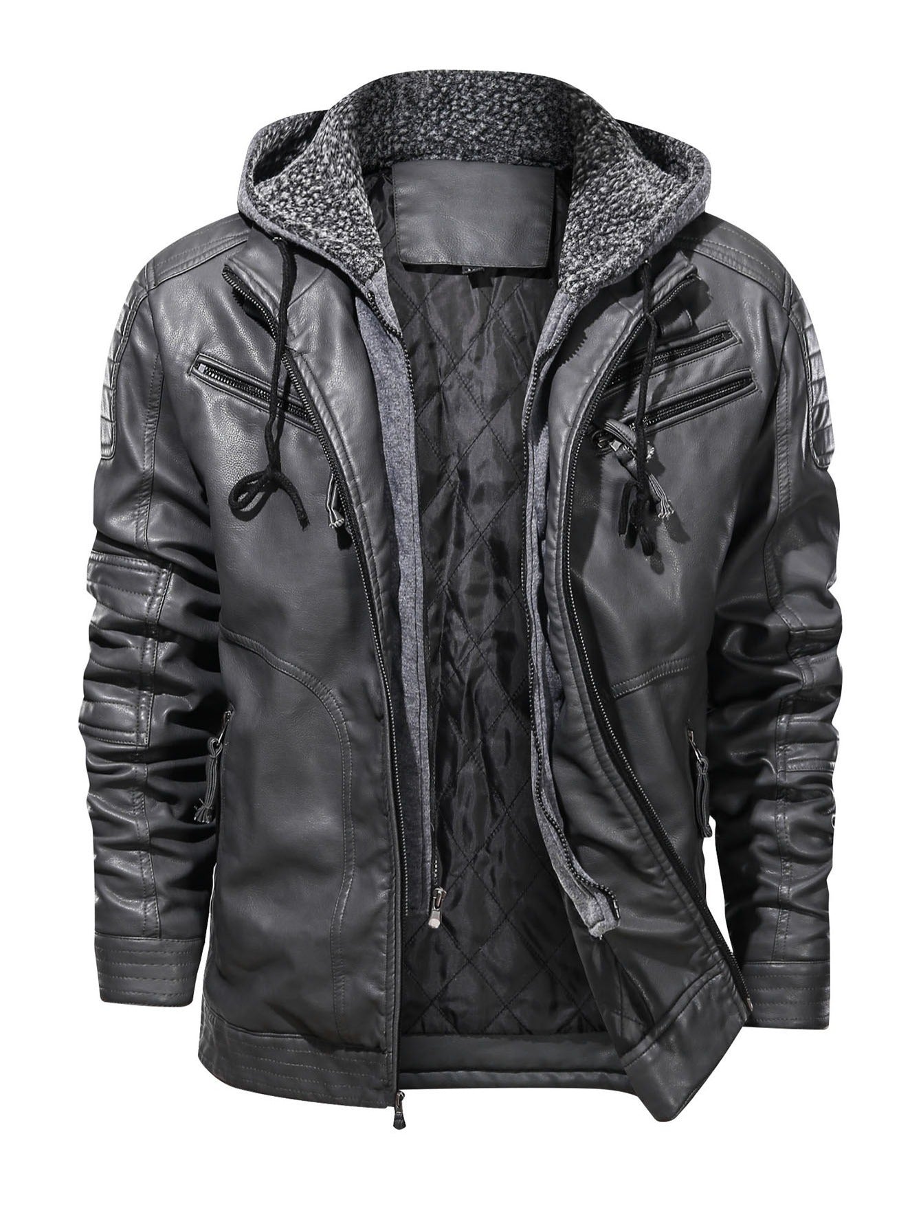 Men's Zipper Hoodie Autumn Winter Solid PU Faux Leather Jacket