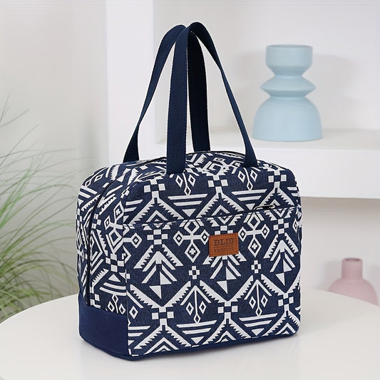 Vintage Style Nylon Lunch Bag Insulated Large Capacity Zippered Thermal Tote