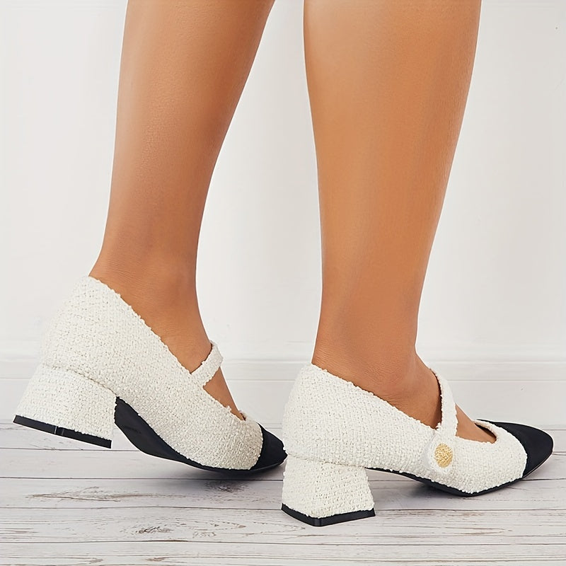 Women's Tweed Low Heel Mary Jane Colorblock Chunky Heels
