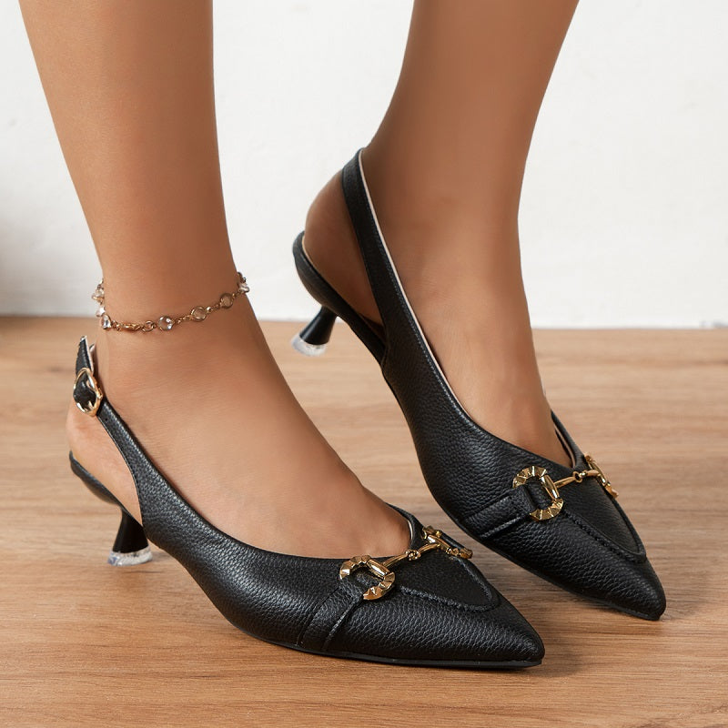 Women's Metal Buckle Slingback Kitten Heels Pointed Toe Ankle Strap Sandals