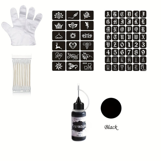 Temporary Tattoo Kit Freehand Ink with 2 Self-Adhesive Stencils