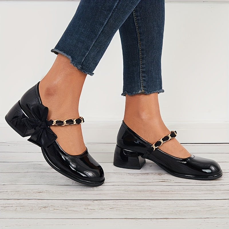 Women's Bowknot Mary Jane Chain Strap Round Toe Chunky Low Heels