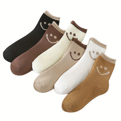 6 Pairs Smiling Face Print Socks - Women's Mid Tube Stockings