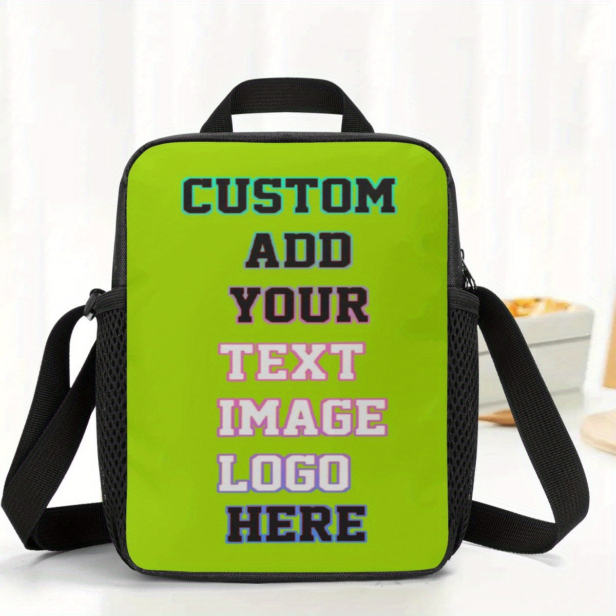 Personalized Neon Green Lunch Bag with Photo & Text Insulated Cooler Tote