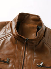 Men's Solid PU Zip Jacket Stand Collar