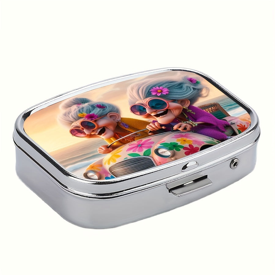 Whimsical Driving Grandmas Pill Box 2 Compartment Metal Medicine Case