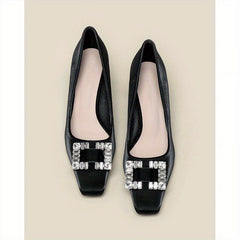 Women's Rhinestone Decor Chunky Heels Square Toe Slip On Shoes